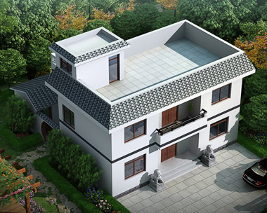 别墅图纸AT1607带内庭院二层简约实用平顶房屋设计全套图纸11.1mX12.3m